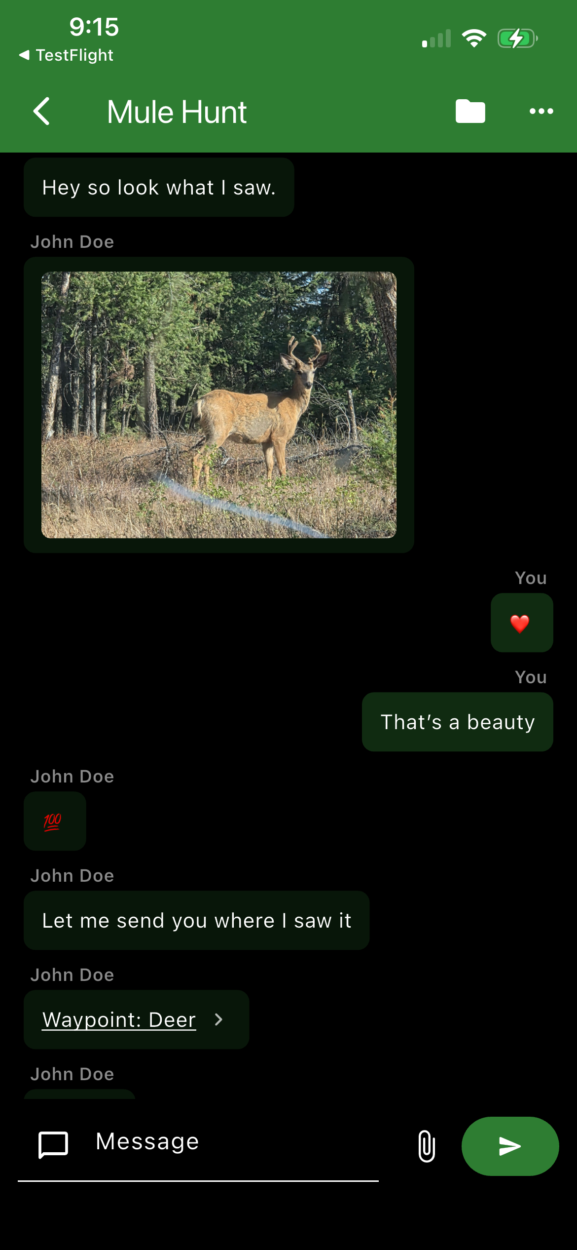 Cya Outdoors group chat with shared photo and waypoint