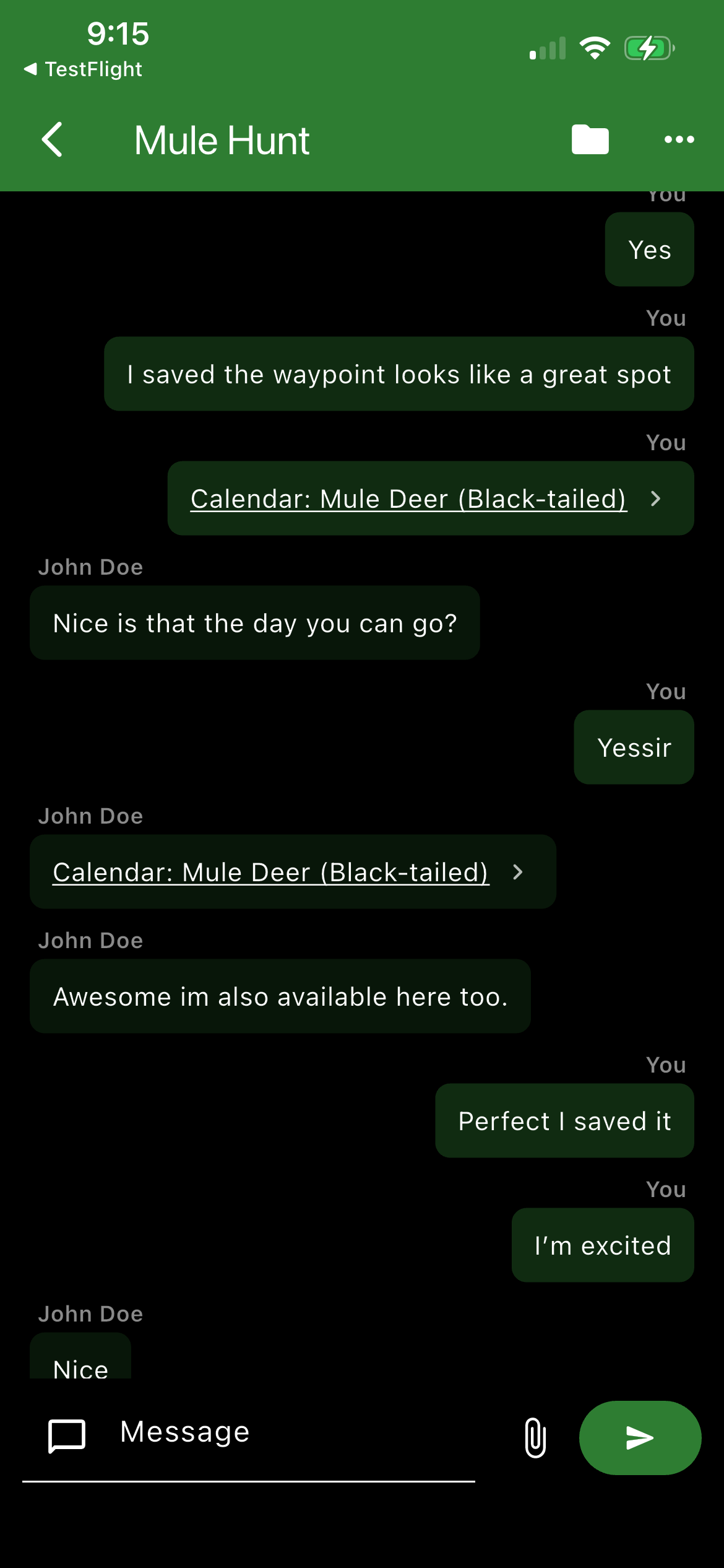 Cya Outdoors group chat with shared season calendar