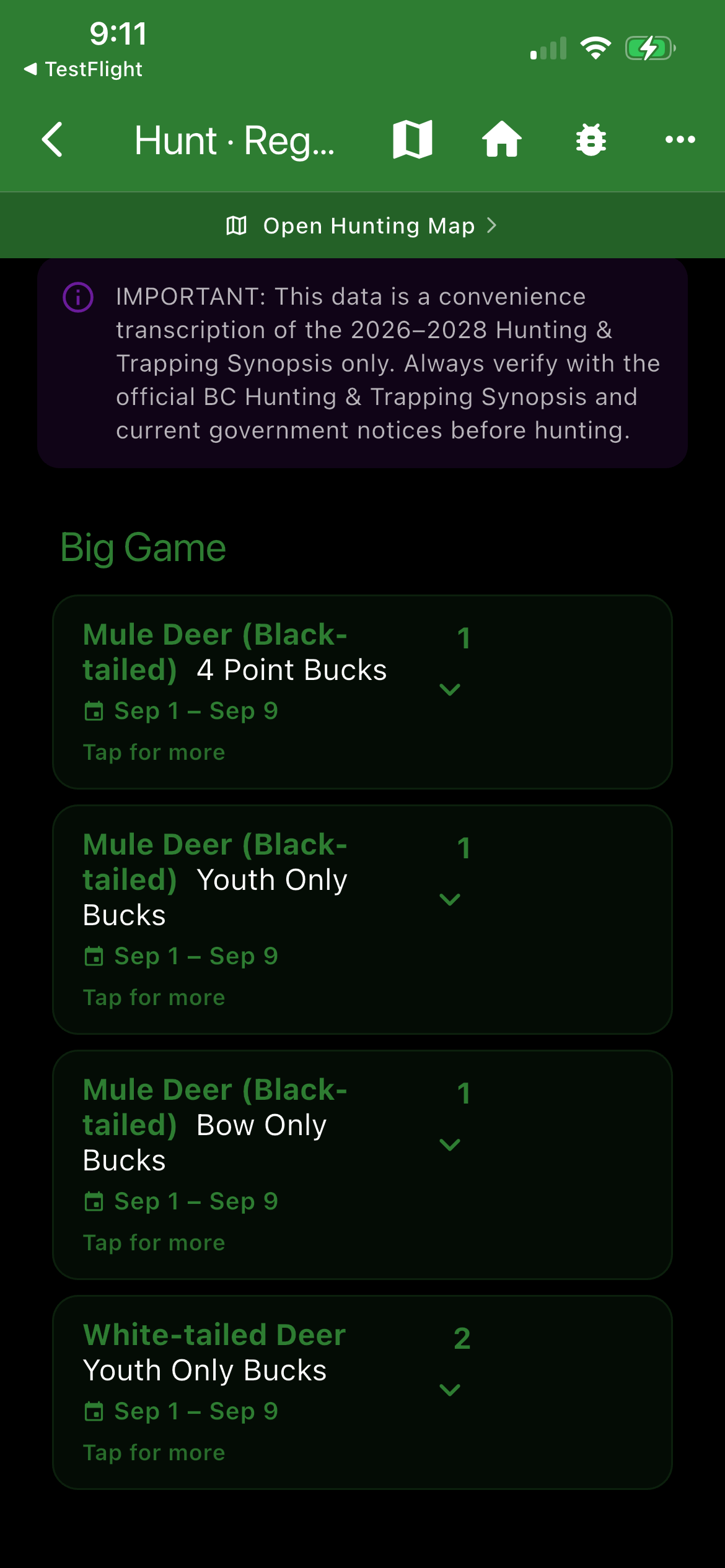 Cya Outdoors hunting regulations screen