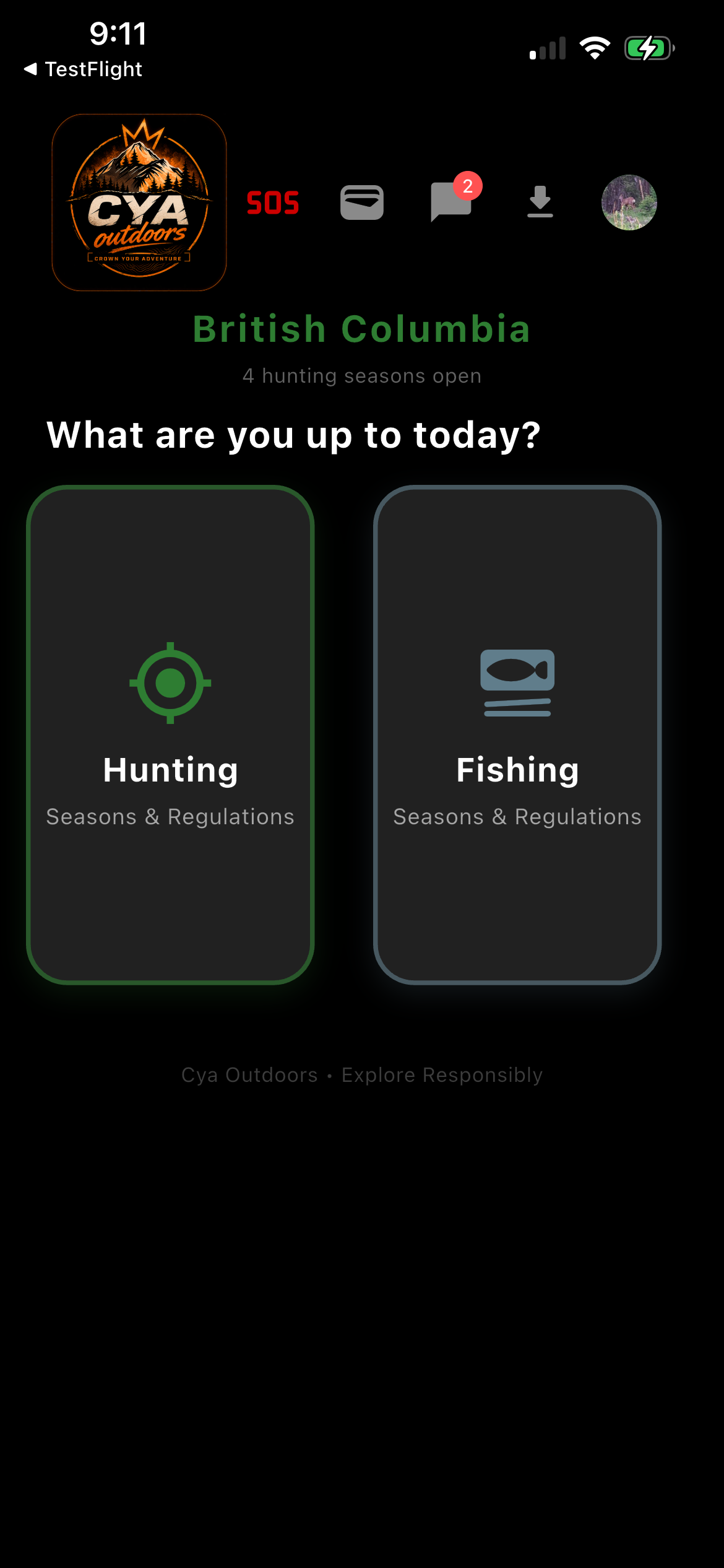 Cya Outdoors home screen showing Hunting and Fishing options