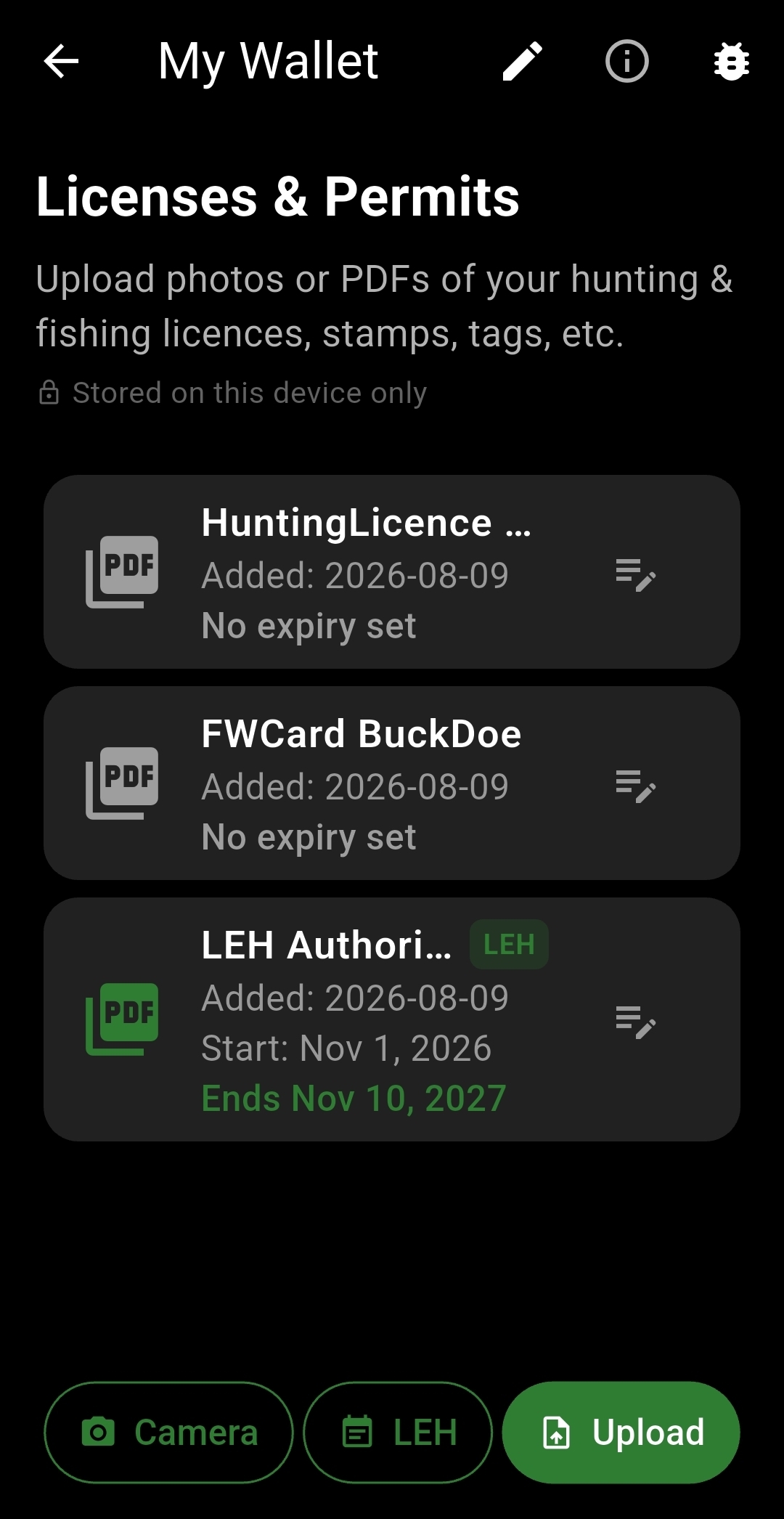 Cya Outdoors My Wallet screen showing licenses and permits