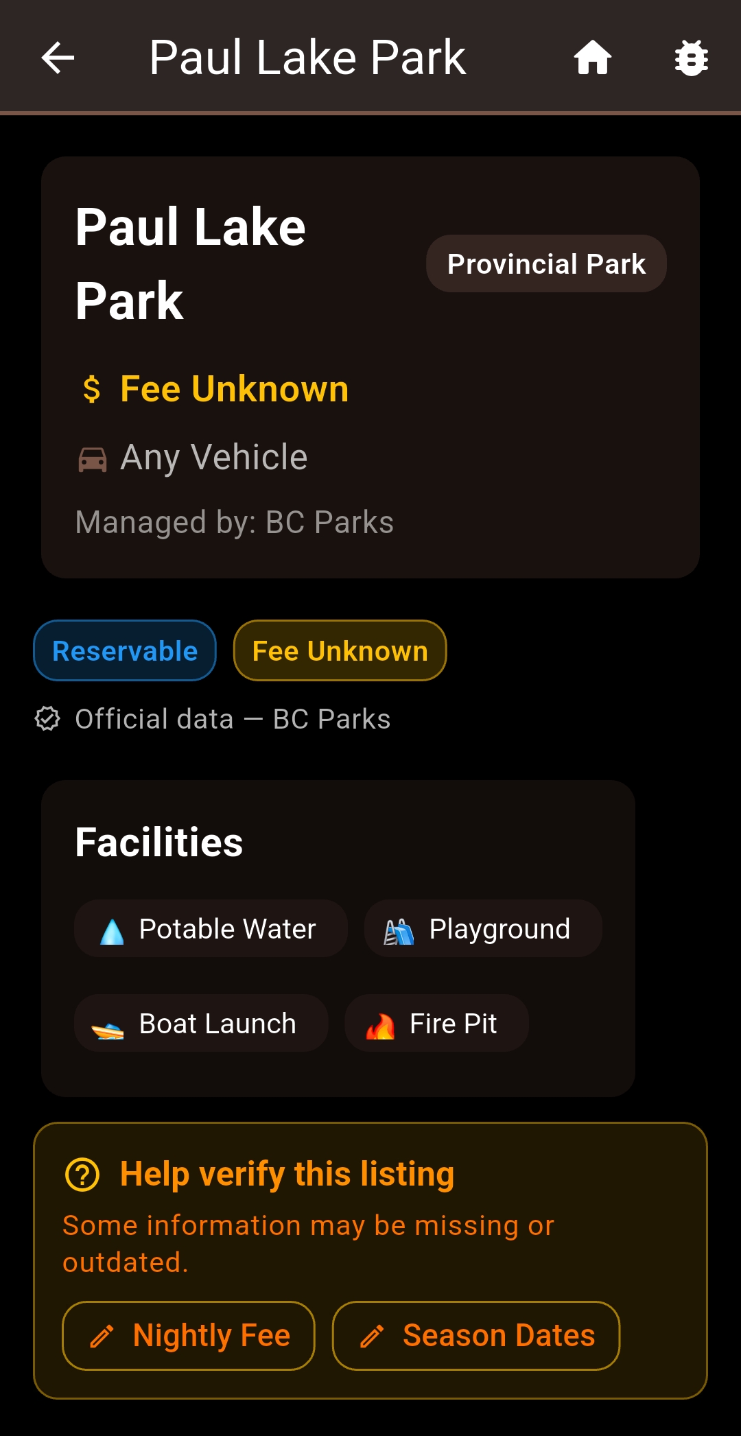Cya Outdoors campsite detail screen for Paul Lake Park