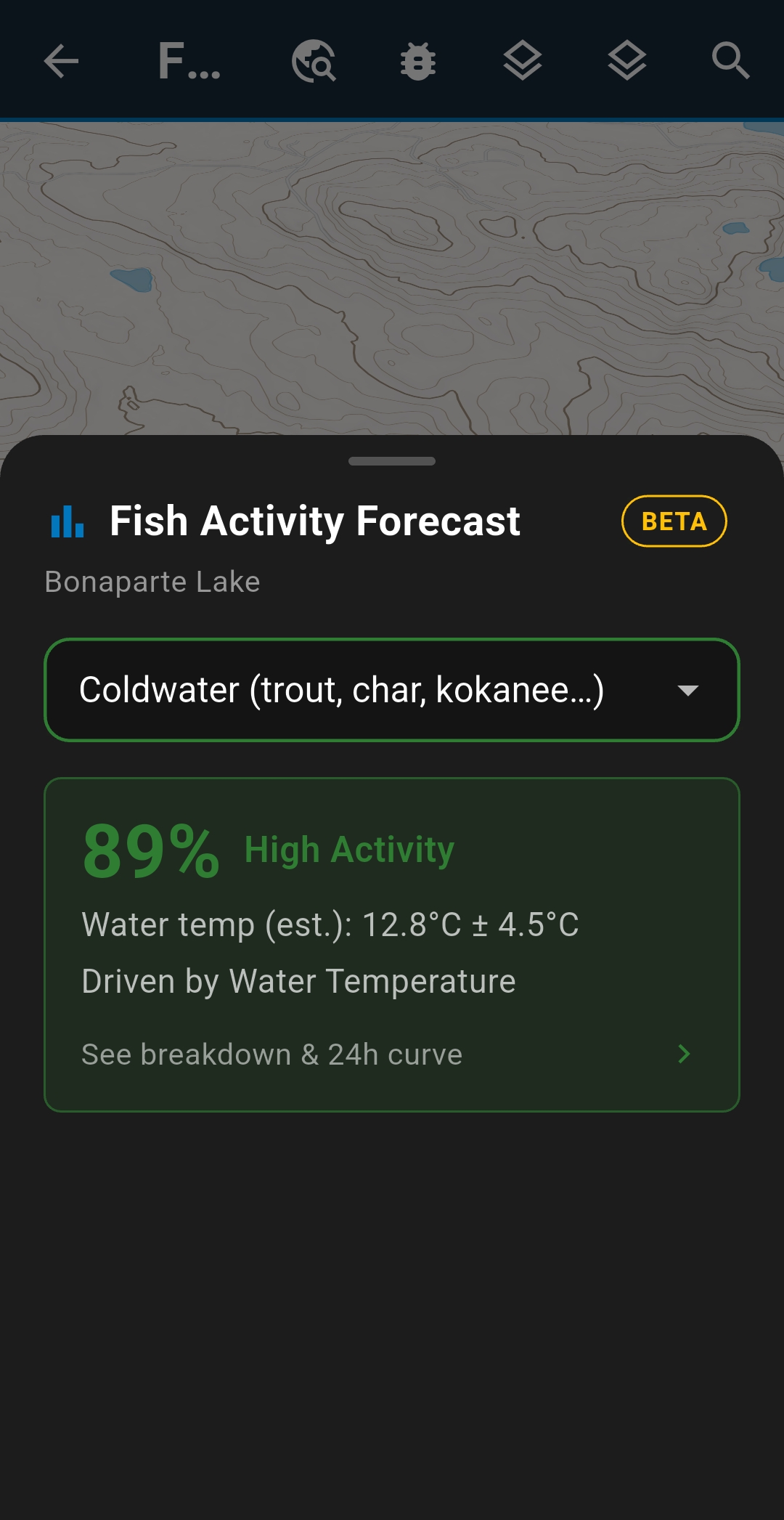 Cya Outdoors Fish Activity Forecast summary showing 89% High Activity