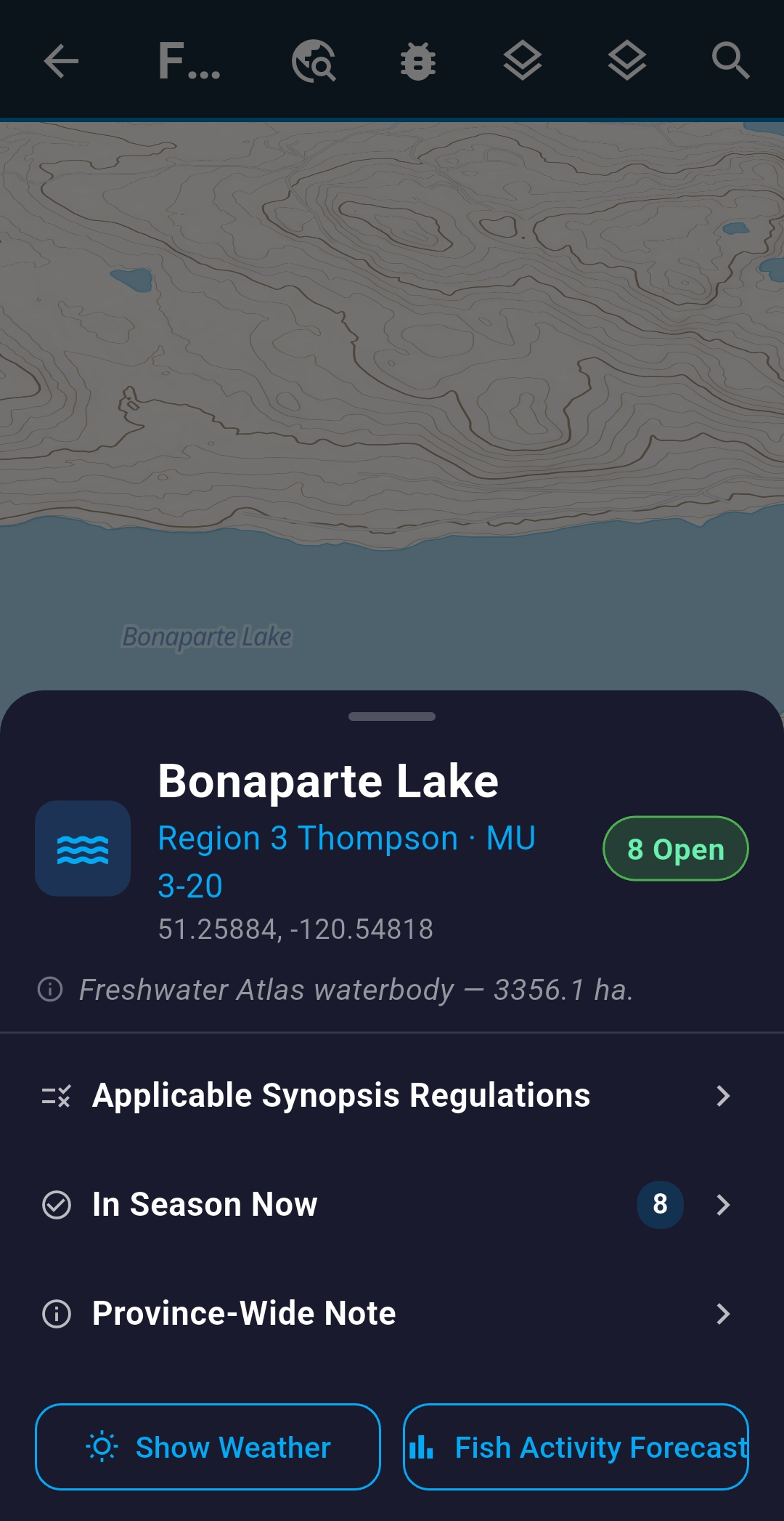 Cya Outdoors lake detail screen for Bonaparte Lake