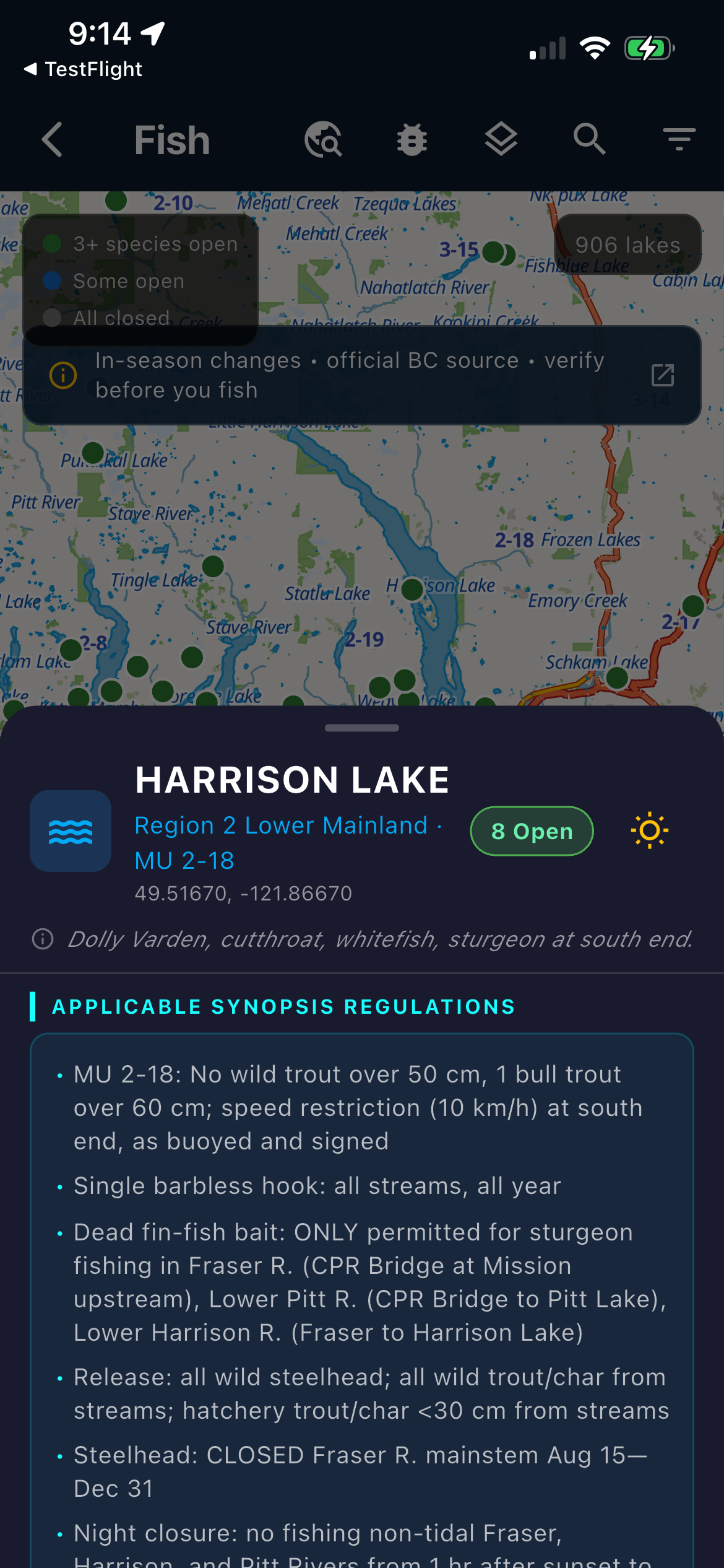 Cya Outdoors fishing map with lake regulations popup
