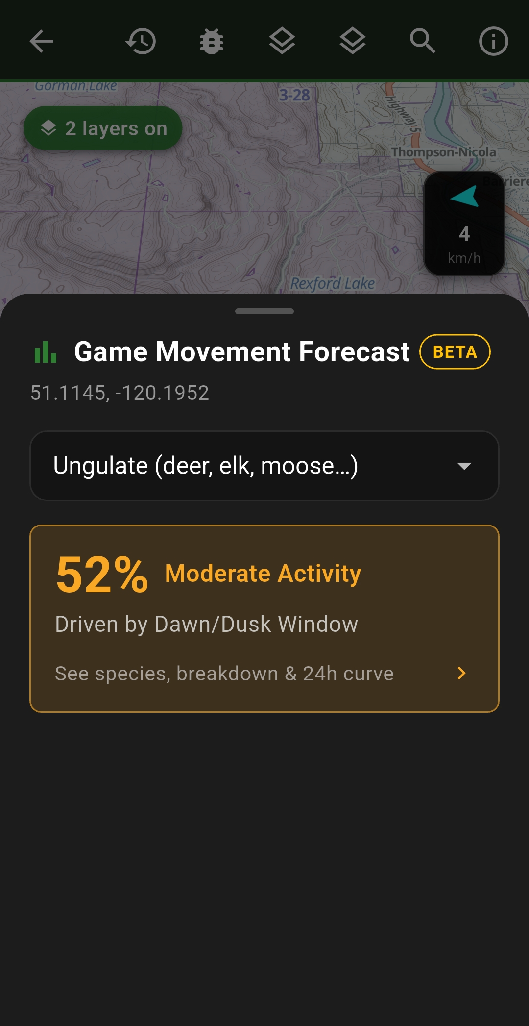 Cya Outdoors Game Movement Forecast summary showing 52% Moderate Activity