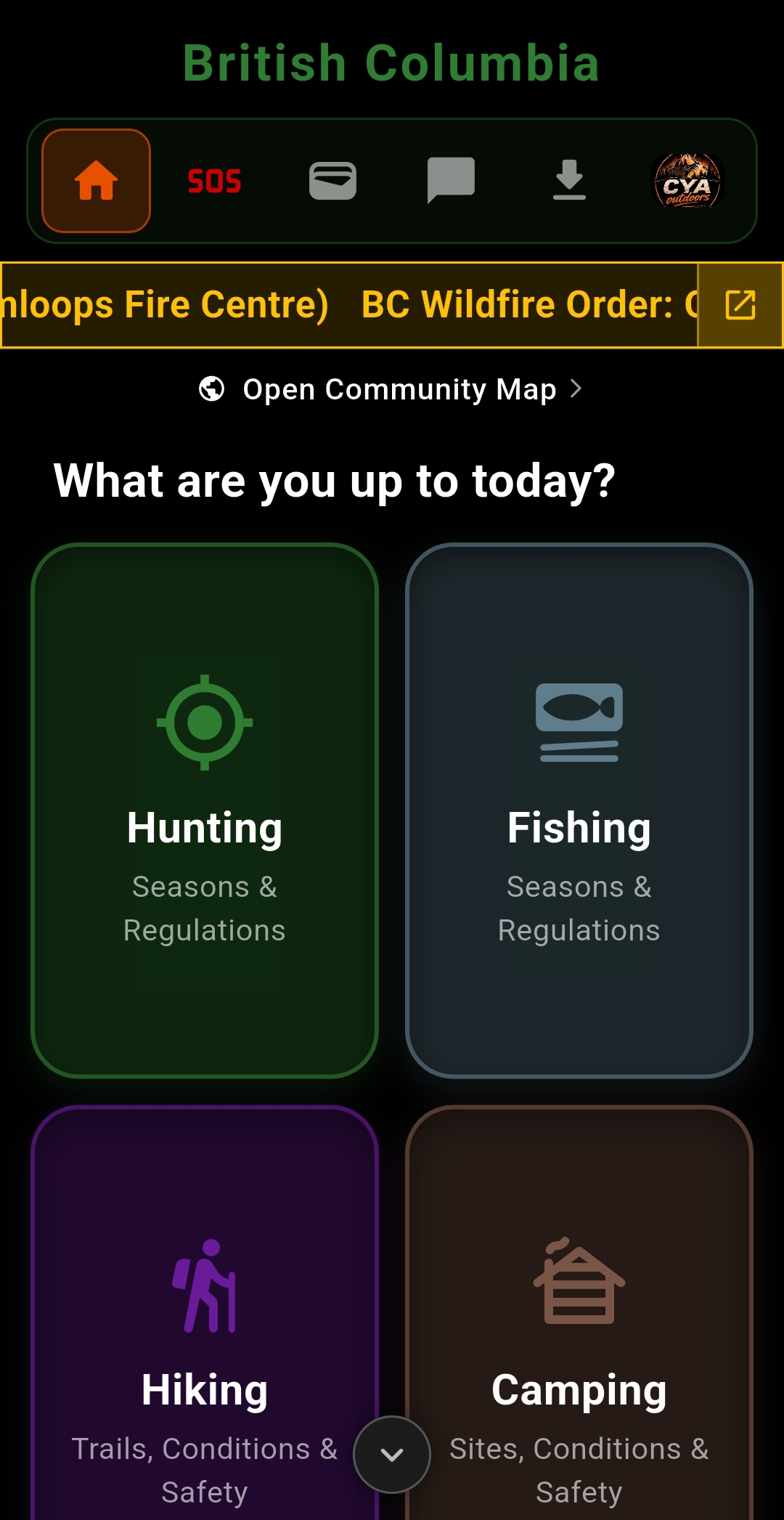 Cya Outdoors home screen showing Hunting, Fishing, Hiking and Camping options