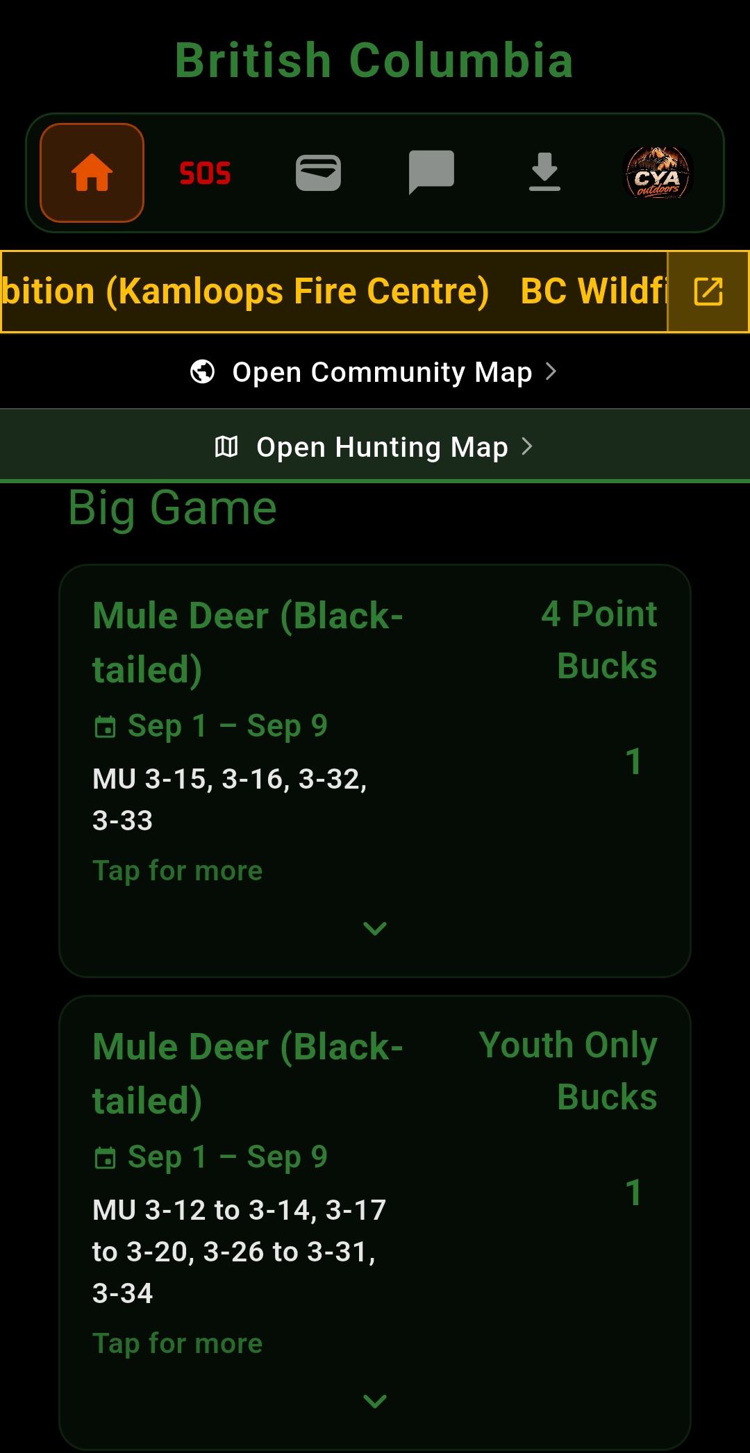 Cya Outdoors hunting home screen with Open Community Map link