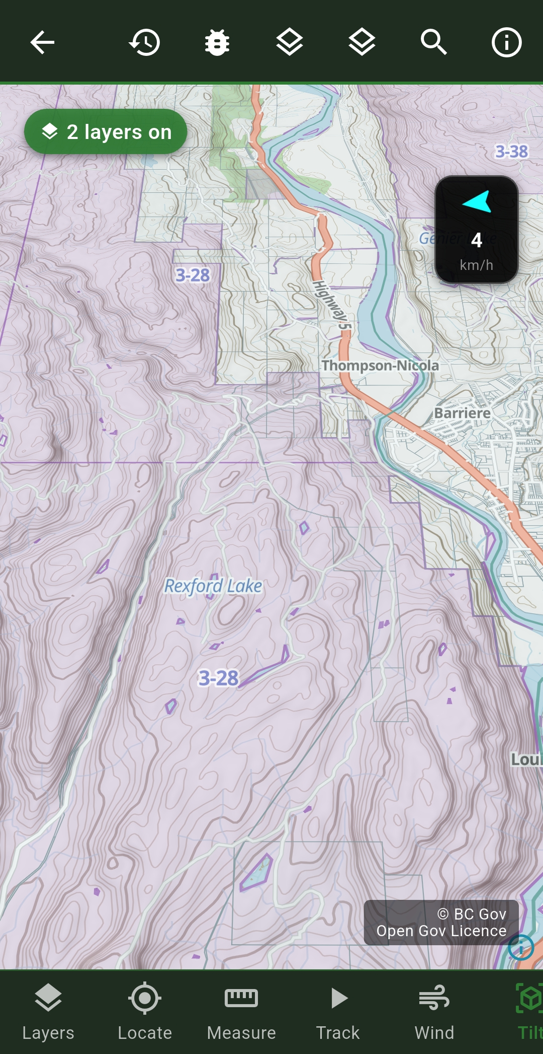 Cya Outdoors hunting map showing WMU boundaries with two layers on