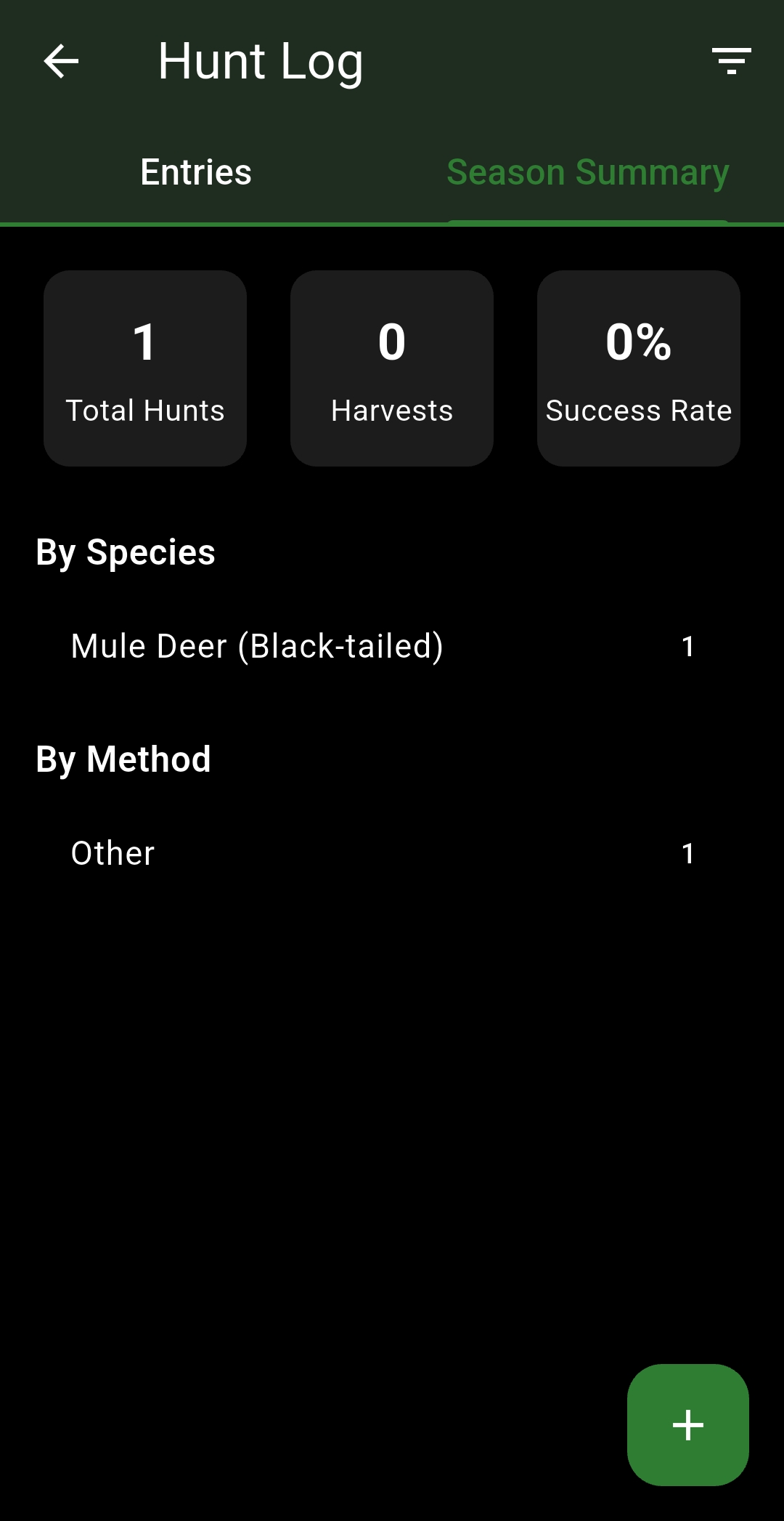 Cya Outdoors Hunt Log season summary screen
