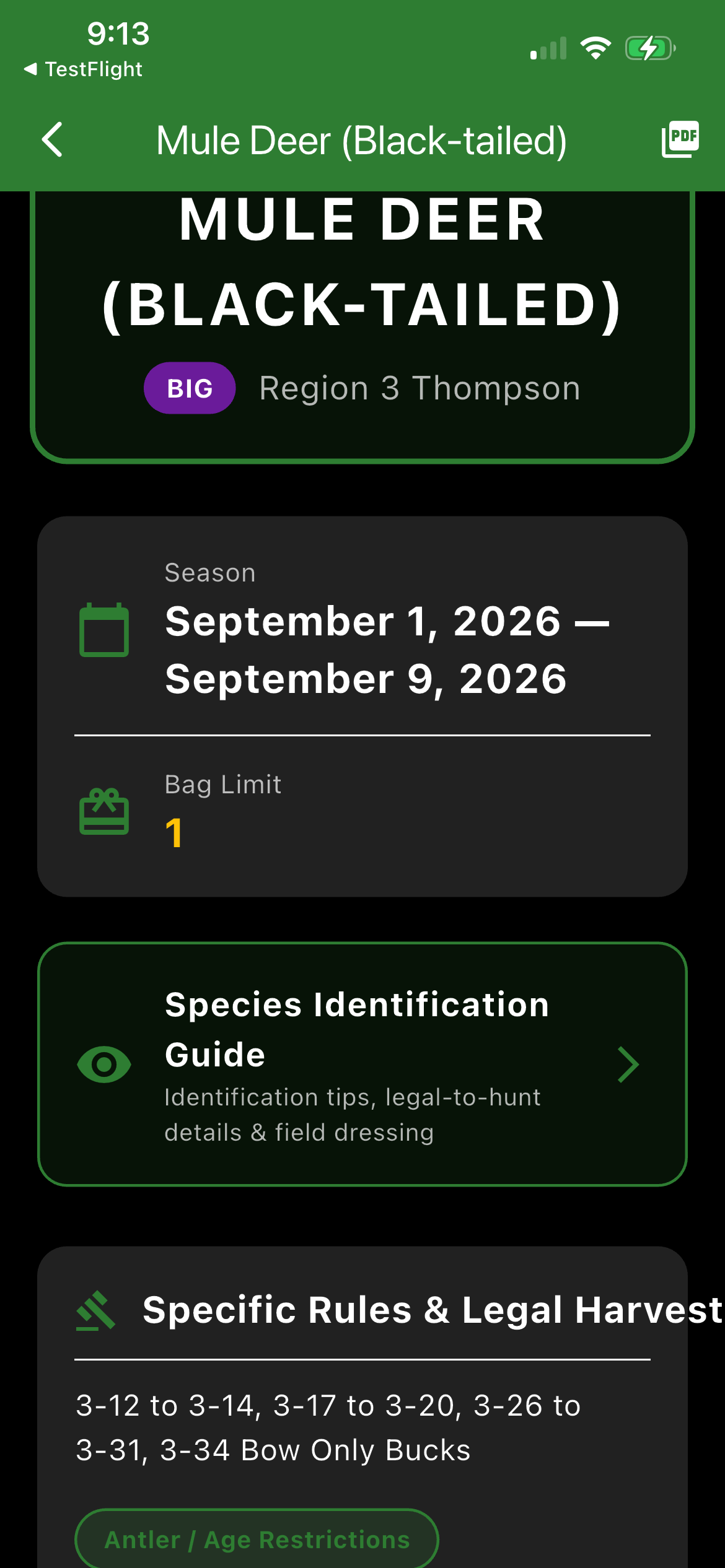 Cya Outdoors species and season detail screen